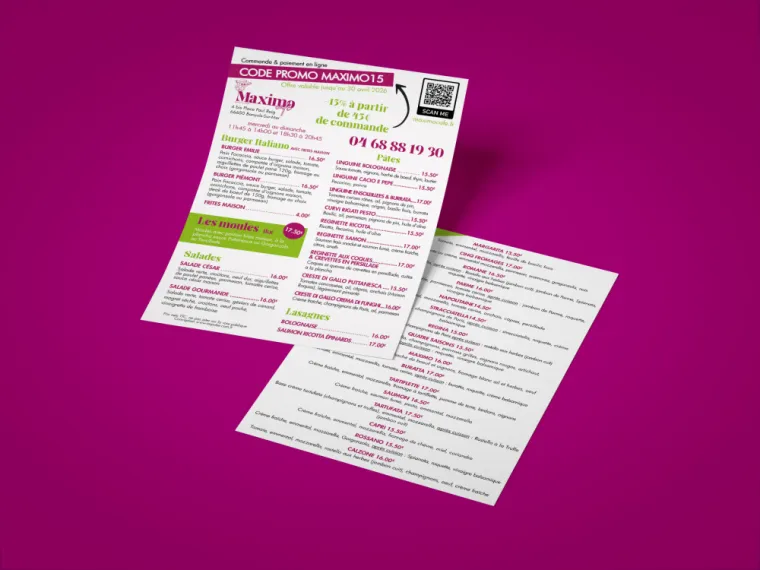 Création flyer A5 pour le restaurant Maximo Café à Banyuls-sur-mer